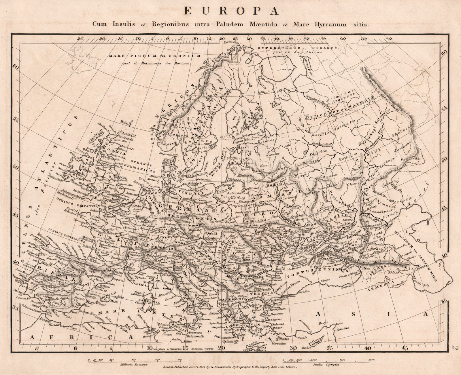 EUROPE ANCIENT.Europa.Germania Gallia Hispania Sarmatia &c.ARROWSMITH 1828 map